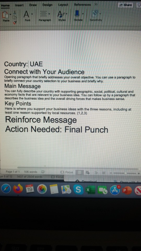Home Insert Draw Design Layout References >> Share A Paste Font Paragraph Styles Diotate Sensitivity Country: UAE Connect wit