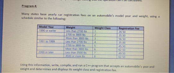 Cdiculated. Program 4: Many states base yearly car registration fees on an automobiles model year and weight, using a schedu