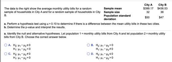 City A $399.17 City B $436.53 The data to the right show the average monthly utility bills for a random sample of households