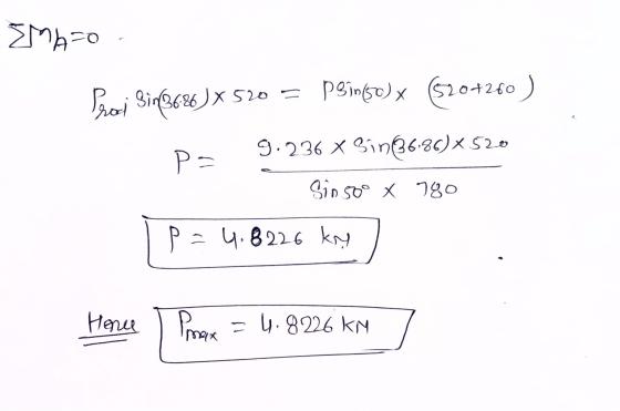 EMA Praj Sin(36%)* 520 = pengo) x 520+240) Pa 9.236 x Bin3686)*520 Sinsoo x 780 Pa 4.8226 ky Hence ] Prax = 4.8226 KM