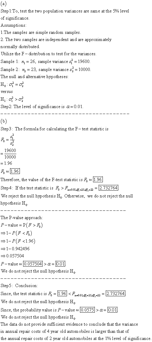 Step1:To, test the two population variances are same at the 5% level of significance Assumptions: 1. The samples are simple r