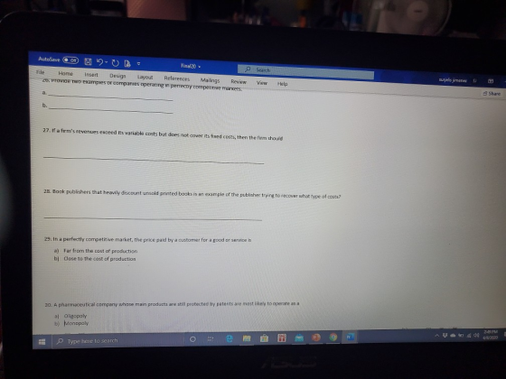 AutoSave 0 2 0 R = Final20 O File Home Insert Design Layout References Mailings Review 20. Provide two examples of companies