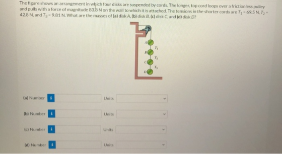 The figure shows an arrangement in which four disks are suspended by cords. The longer, top cord loops over a frictionless pu