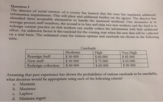 Question 1 The director of social services of a county has learned that the state has mandated additional information require