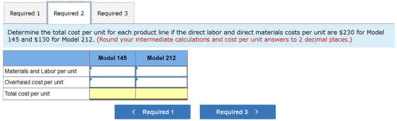 Required 1 Required 2 Required 3 Determine the total cost per unit for each product line if the direct labor and direct mater