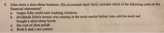 9. John owns a shoe-shine business. His accountant most likely includes which of the following costs on his financial stateme