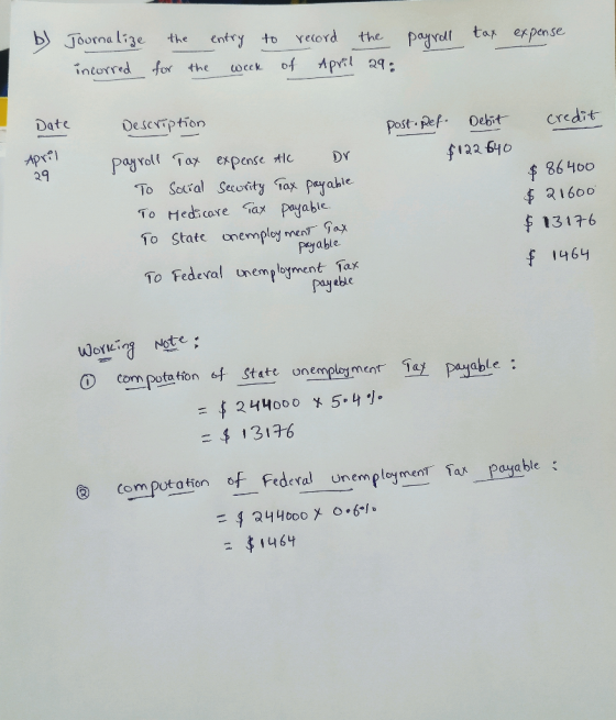 Journa lize the entry to record the payvdl tax ex pense intorred for the of April 29: week Date Description Post Ref. Debit c