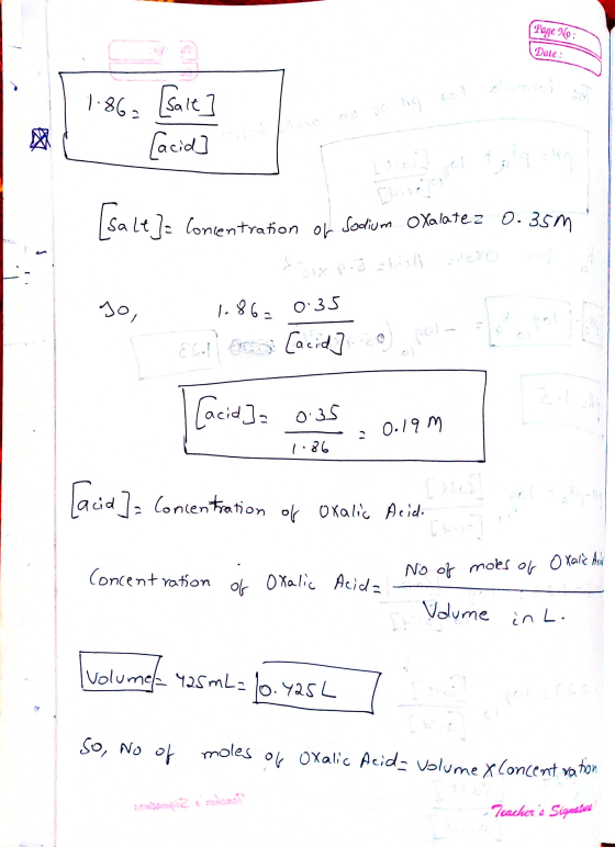 (Page No : Date : 1.863 [alt] AL [acid ] Concentration of Sodium oxalatez 0.35m 1.862 0:35 Ellocs [acid] 20 por 035 : 0.19 m