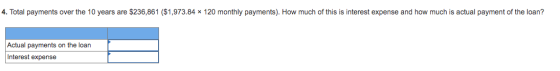 4. Total payments over the 10 years are $236,861 ($1,973.84 x 120 monthly payments). How much of this is interest expense and