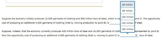60 million 80 million 100 million oint A. The opportunity 120 million of steel. 150 million Suppose the economy initially produces 12,000 garments of clothing and 500 million tons of steel, which is rep cost of producing an additional 4,000 garments of clothing (that is, moving production to point B) is Suppose, instead, that the economy currently produces 420 million tons of steel and 16,000 garments of cloth Now the opportunity cost of producing an additional 4,000 garments of clothing (that is, moving to point C) epresented by point B. isos of steel. ng to point C) isY