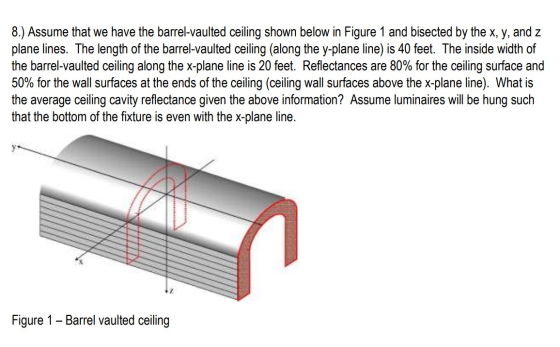 8.) Assume that we have the barrel-vaulted ceiling shown below in Figure 1 and bisected by the x, y, and z plane lines. The l
