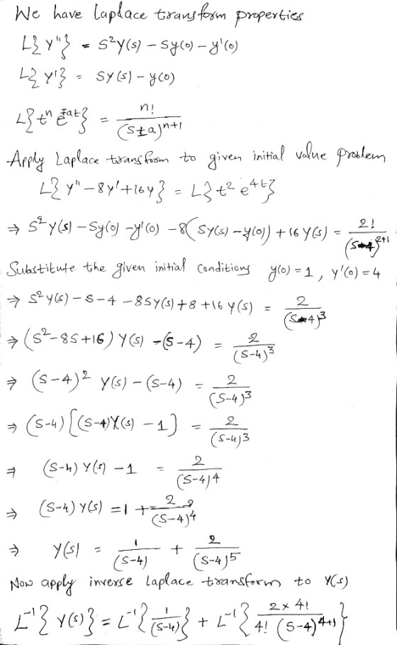 n! 2) 2+1 2 We have Laplace transform properties {{ y} - s’y(s) – syco) – y60) Ly} Sy(s) - yoo) L{th Fat} (Szajnti Apply L