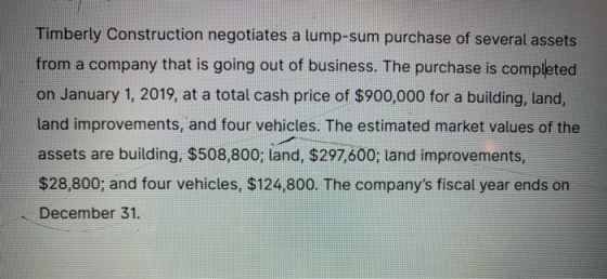 Timberly Construction negotiates a lump-sum purchase of several assets from a company that is going out of business. The purc