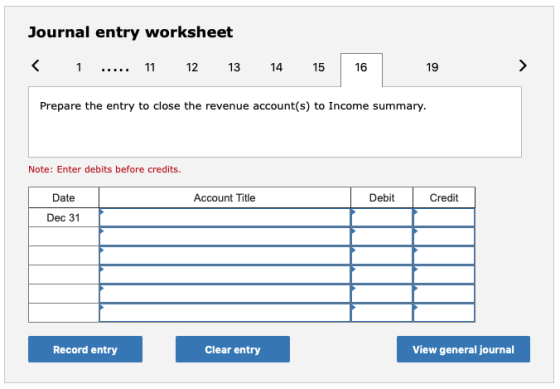 Journal entry worksheet < 1 ..... 11 12 13 14 15 16 19 Prepare the entry to close the revenue account(s) to Income summary. N