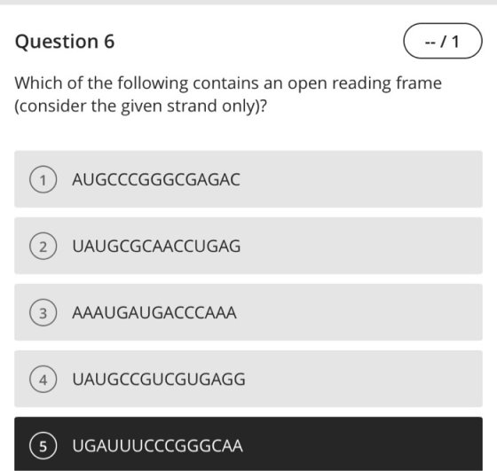 Question 6 -- / 1 Which of the following contains an open reading frame (consider the given strand only)? 1 AUGCCCGGGCGAGAC U
