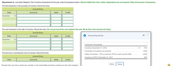 Requirement 1a. Joumalize Allegheny Tires inventory transactions for the year under the perpetual system (Record debits firs