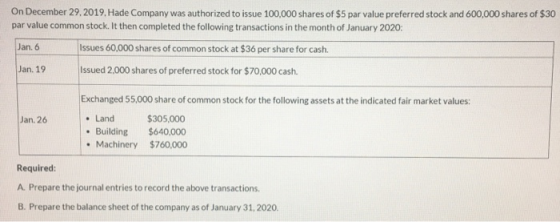 On December 29, 2019. Hade Company was authorized to issue 100,000 shares of $5 par value preferred stock and 600,000 shares