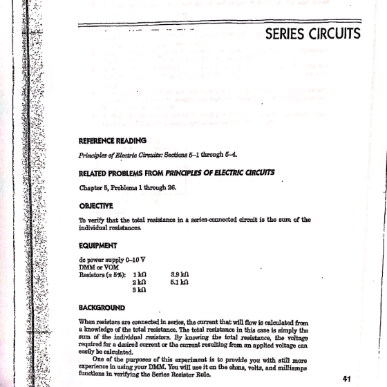 SERIES CIRCUITS VW REFERENCE READING Principles of Electric Circuits: Sectang 81 through 6-4. RELATED PROBLEMS FROM PRINCIPLE
