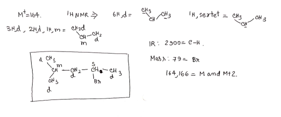 H, Seztet 6H jd= CH3 M164 HNMR CH3d 3H.d 2Hd, IN,m= d IR 2900= C-H Mas 79 Br d CH3 CH CH2 CH 164,166Mamd Mt2 3 В»