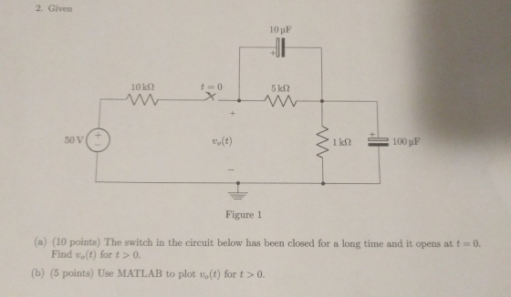 2. Given 10 pF 50 V( o(t) 1k10 Figure 1 (a) (10 points) The switch in the circuit below has been closed for a long time and it opens at t -0. Find vo(t) for t>0. (b) (5 points) Use MATLAB to plot vo(t) for t>0.