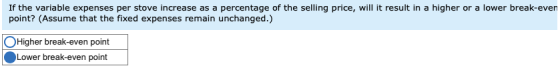 If the variable expenses per stove increase as a percentage of the selling price, will it result in a higher or a lower break