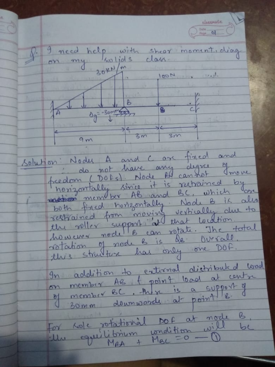 classmate Page 1 9 need with help P sheer moment, diag solids 30kN/m TON Og = -3ommor >$ 3m 3m am c ماه solution: Nodes А fin