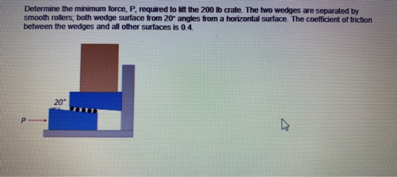 Determine the minimum force, P, required to lift the 200 lb crate. The two wedges are separated by smooth rollers, both wedge