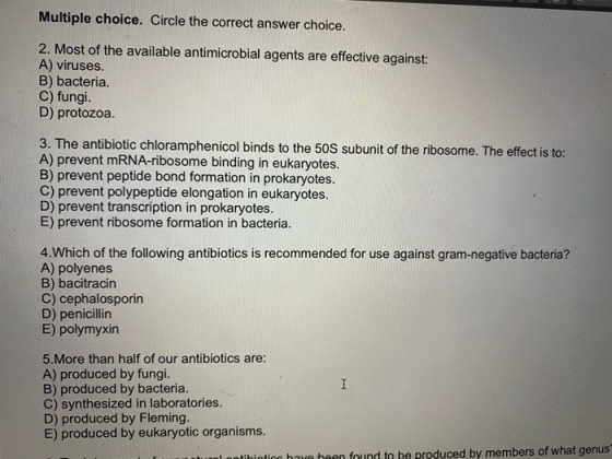 Multiple choice. Circle the correct answer choice. 2. Most of the available antimicrobial agents are effective against A) vir
