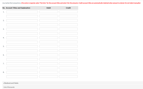 Journalize the transactions. (If no entry is required, select No Entryfor the account titles and enter for the amounts. Cre