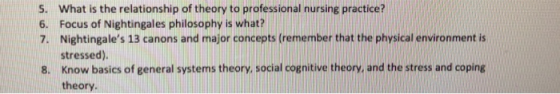 5. What is the relationship of theory to professional nursing practice? 6. Focus of Nightingales philosophy is what? 7. Night
