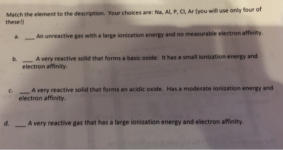 Match the element to the description. Your choices are: Na, AI, P, CI, Ar (you will use only four of these!) a. -An unreactiv