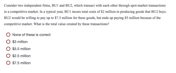 Consider two independent firms, BU1 and BU2, which transact with each other through spot-market transactions in a competitive