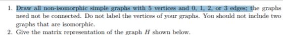 1. Draw all non-isomorphic simple graphs with 5 vertices and 0, 1, 2, or 3 edges; the graphs need not be connected. Do not la
