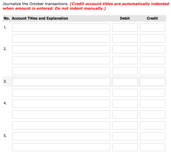 Journalize the October transactions. (Credit account titles are automatically indented when amount is entered. Do not indent