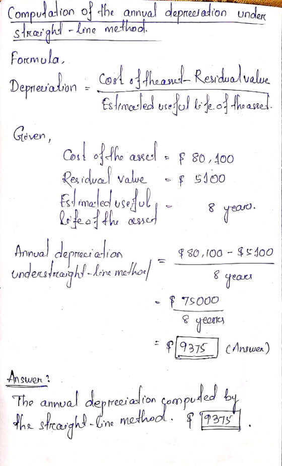 Compulation of the annual depreciation under strecerighe - line methool Formula Depreciation : cost of theese Residualvalue E