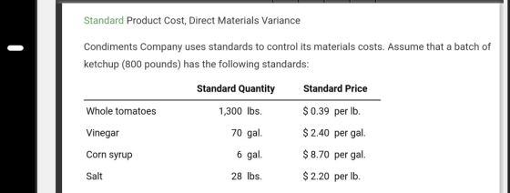 Standard Product Cost, Direct Materials Variance Condiments Company uses standards to control its materials costs. Assume tha
