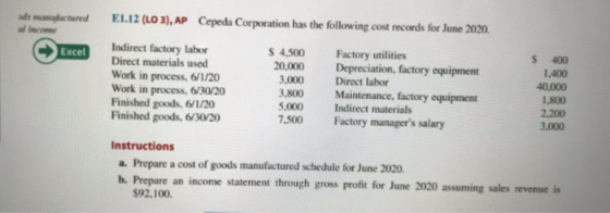 E1.12 (LO 3), AP Cepeda Corporation has the following cost records for June 2020, de manufactured al income © Excel Indirect