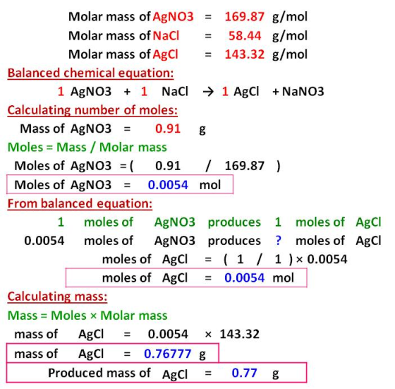 Molar mass of AgNO3 = 169.87 g/mol Molar mass of NaCl = 58.44 g/mol Molar mass of AgCl = 143.32 g/mol Balanced chemical equat