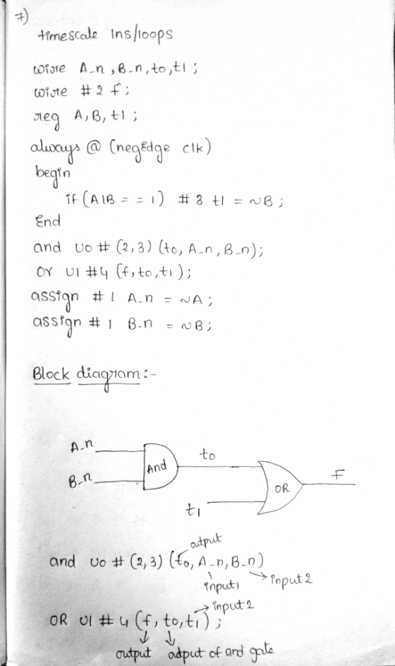 tfmescale Inslioops tofote A n,8.n,to,ti Goiste #2 f; ea A,B, t; aluya @ (negedge clk) begto ) # 3 t = ~B; End and Uo (2,3) (