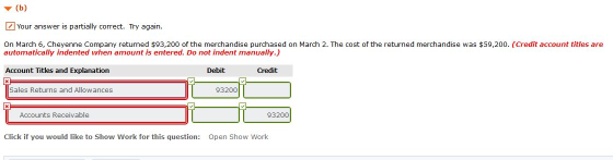 Your answer is partially correct. Try again. On March 6, Cheyenne Company returned $93,200 of the merchandise purchased on Ma