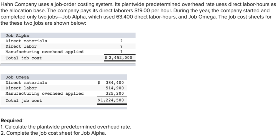 Hahn Company uses a job-order costing system. Its plantwide predetermined overhead rate uses direct labor-hours as the alloca