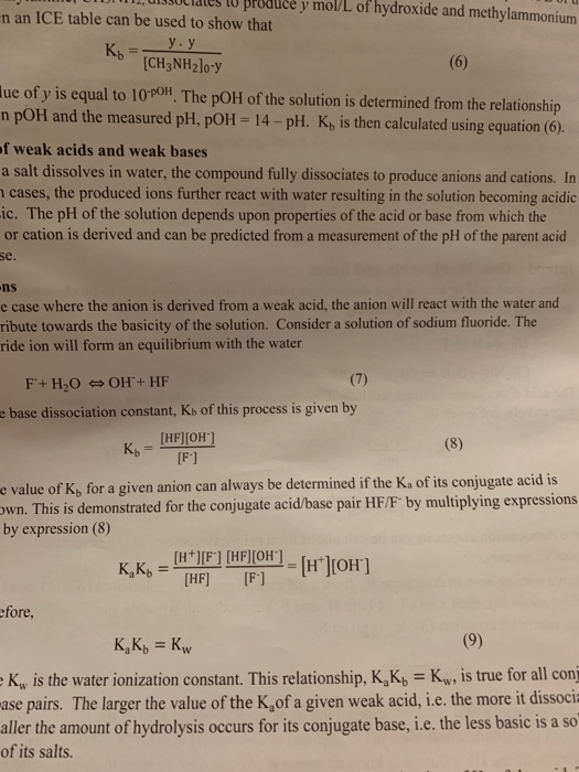 u produce y mol/L of hydroxide and methylammonium En an ICE table can be used to show that у. У Кь Kb CH3NH2lo-Y (6) lue of y