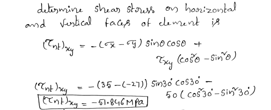 determine shear stress on horizontal and vestical faces of element is Este gry --LX-og) sino caso + Try (coso -siño) (int)oxy