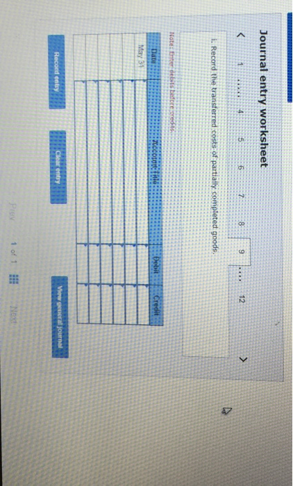 Journal entry worksheet i. Record the transferred costs of partially completed goods. Notenter dets breeds Debit Credit May 3