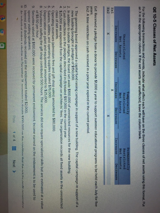QE 10-5 Classes of Net Assets For the following transactions and events, indicate what effect each will have on the three cla