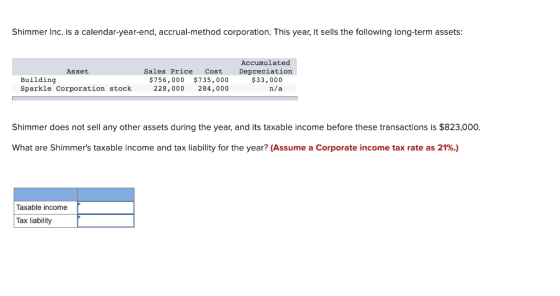 Shimmer Inc. is a calendar-year-end, accrual-method corporation. This year, it sells the following long-term assets: Asset Bu