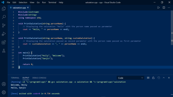 File Edit Selection View Go Run Terminal Help salutation.cpp - cpp - Visual Studio Code x Et salutation.cpp X 1 2 #include<io