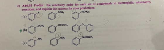 2) A16.02 Predict the reactivity order for each set of compounds in electrophilic substitut reactions, and explain the reason