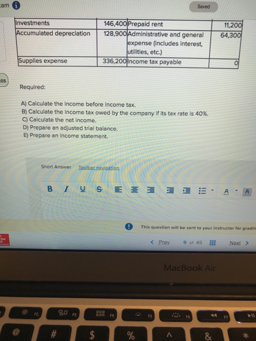 cam Saved Investments Accumulated depreciation 11,200 64,300 146,400 Prepaid rent 128,900 Administrative and general expense