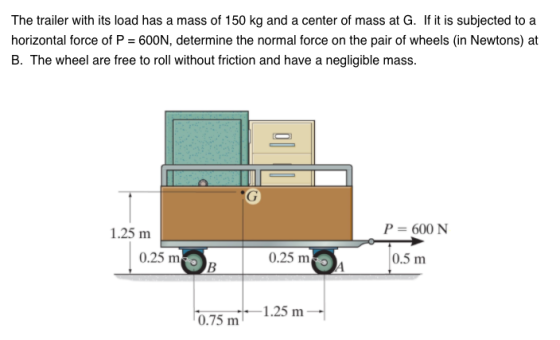 The trailer with its load has a mass of 150 kg and a center of mass at G. If it is subjected to a horizontal force of P = 600